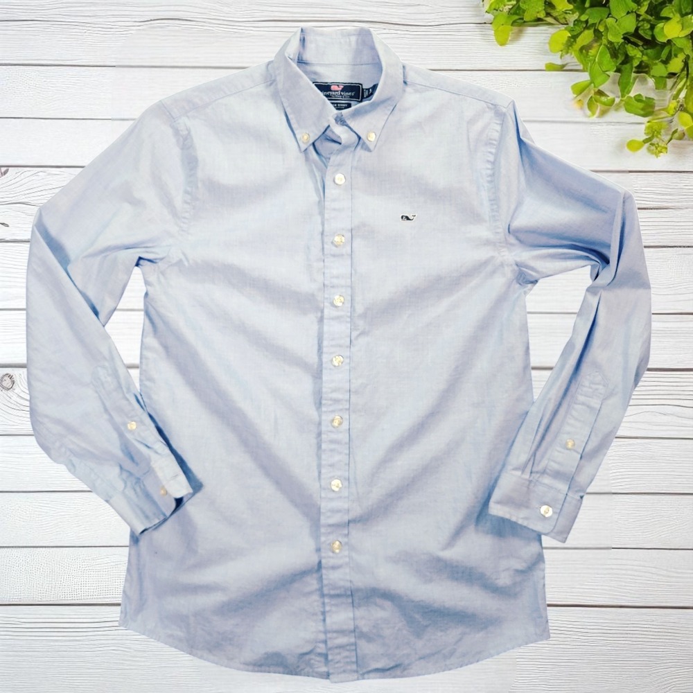 Vineyard Vines Boys Size L 16 Light Blue Oxford Button Down Shirt Whale Logo LS